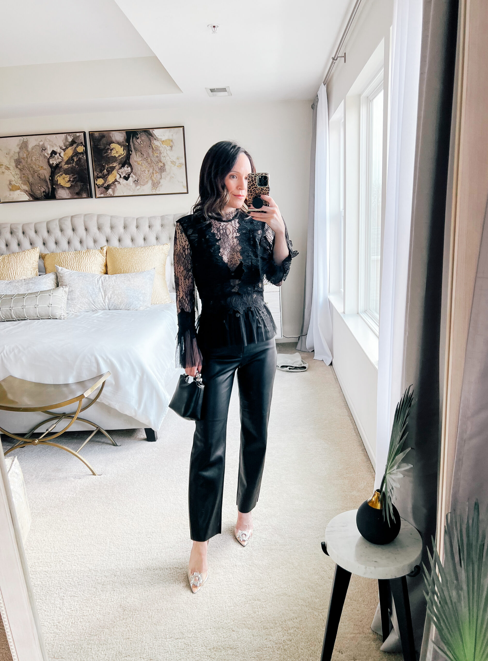 Lace Top + Faux Leather Pants