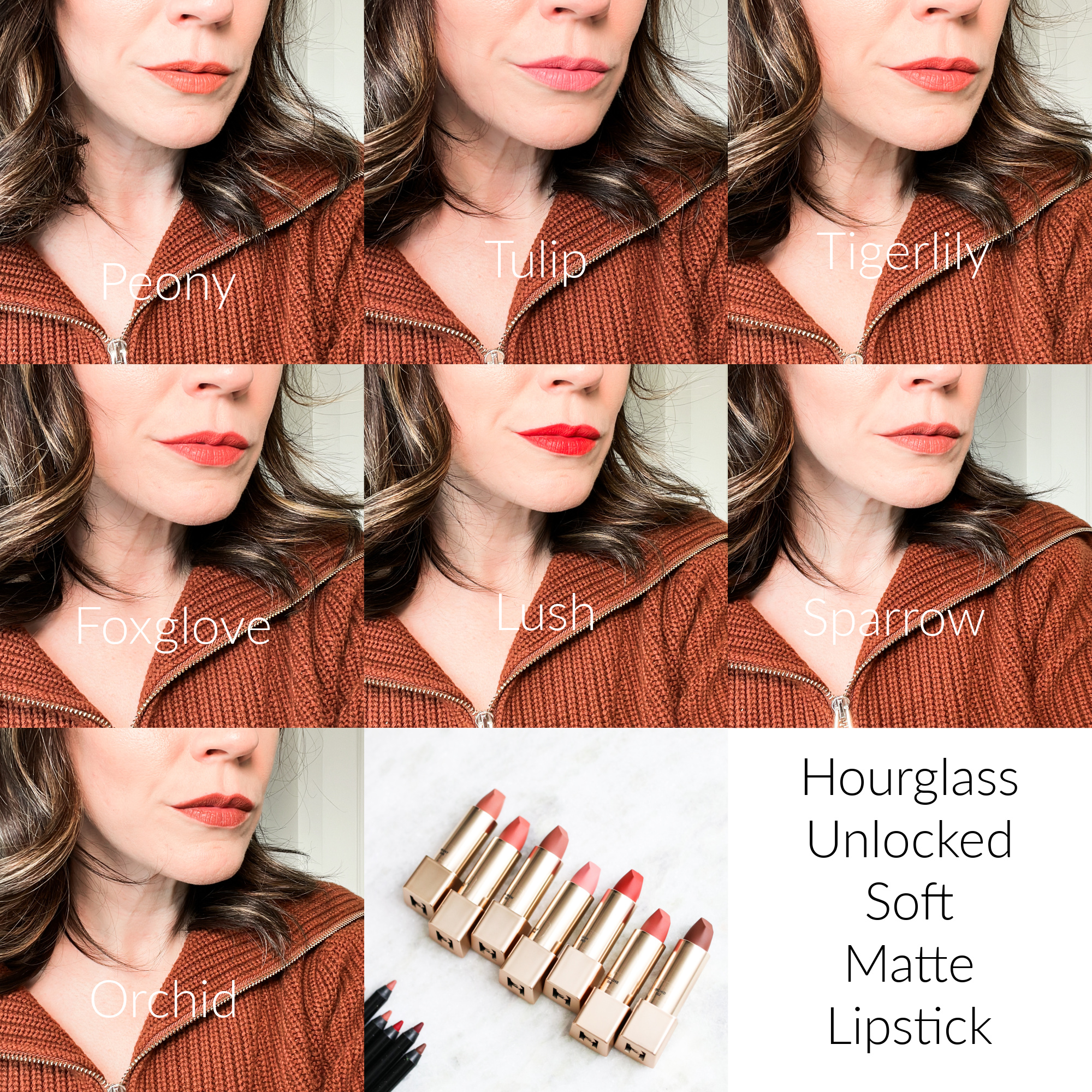 Hourglass Unlocked Soft Matte Lipsticks swatches on lips
