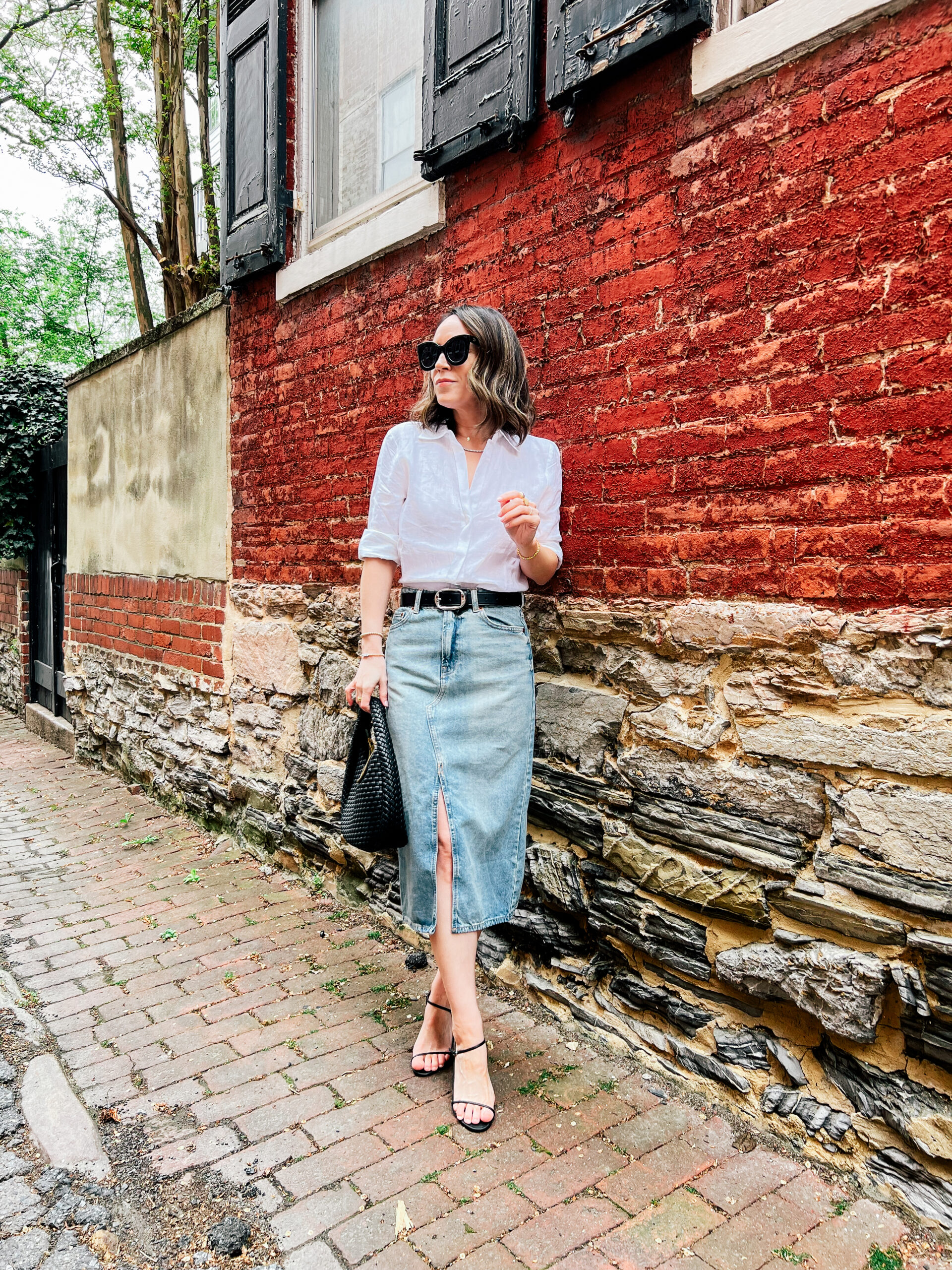 white top and denim midi skirt outfit