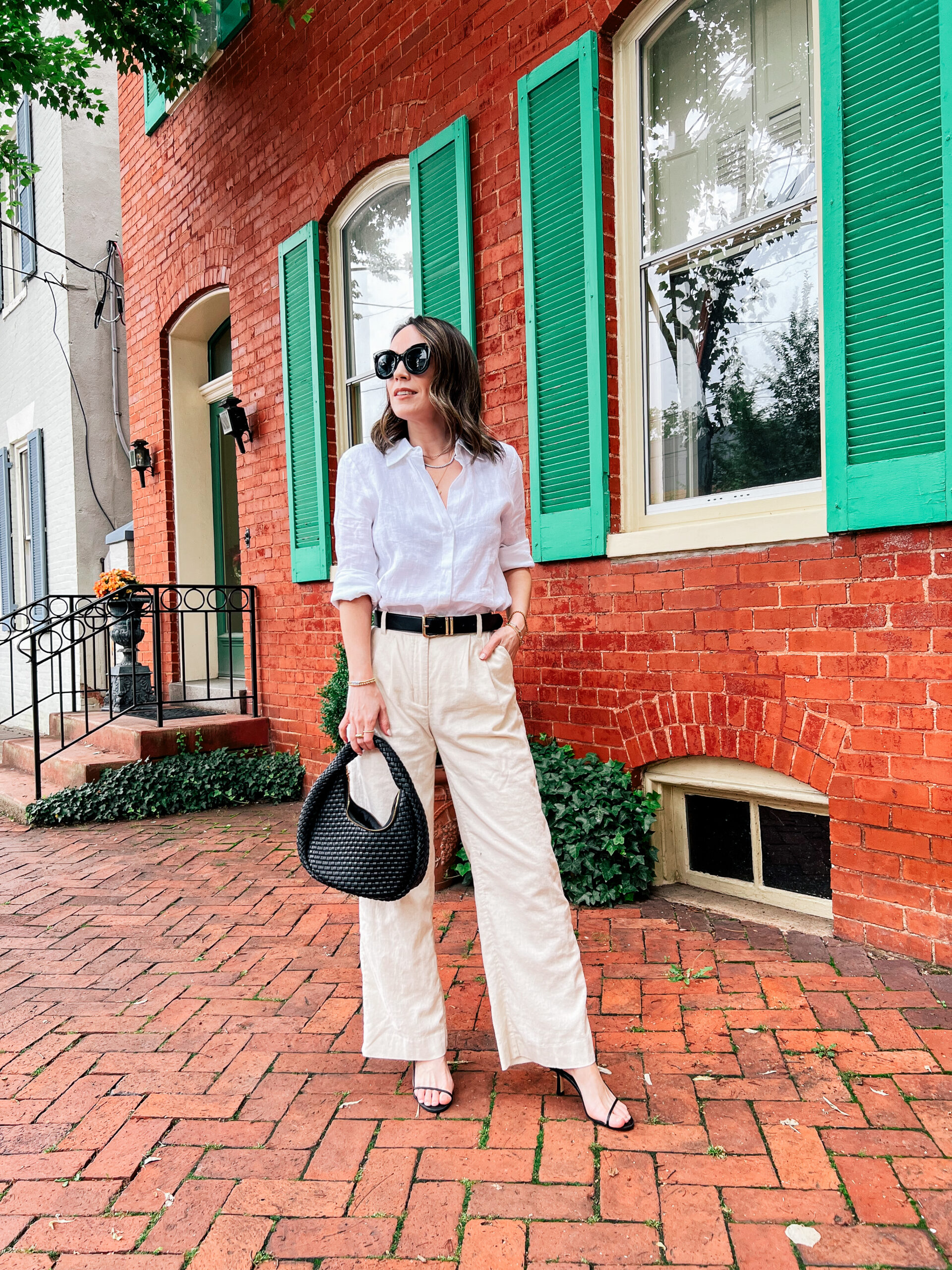 White blouse and linen pants