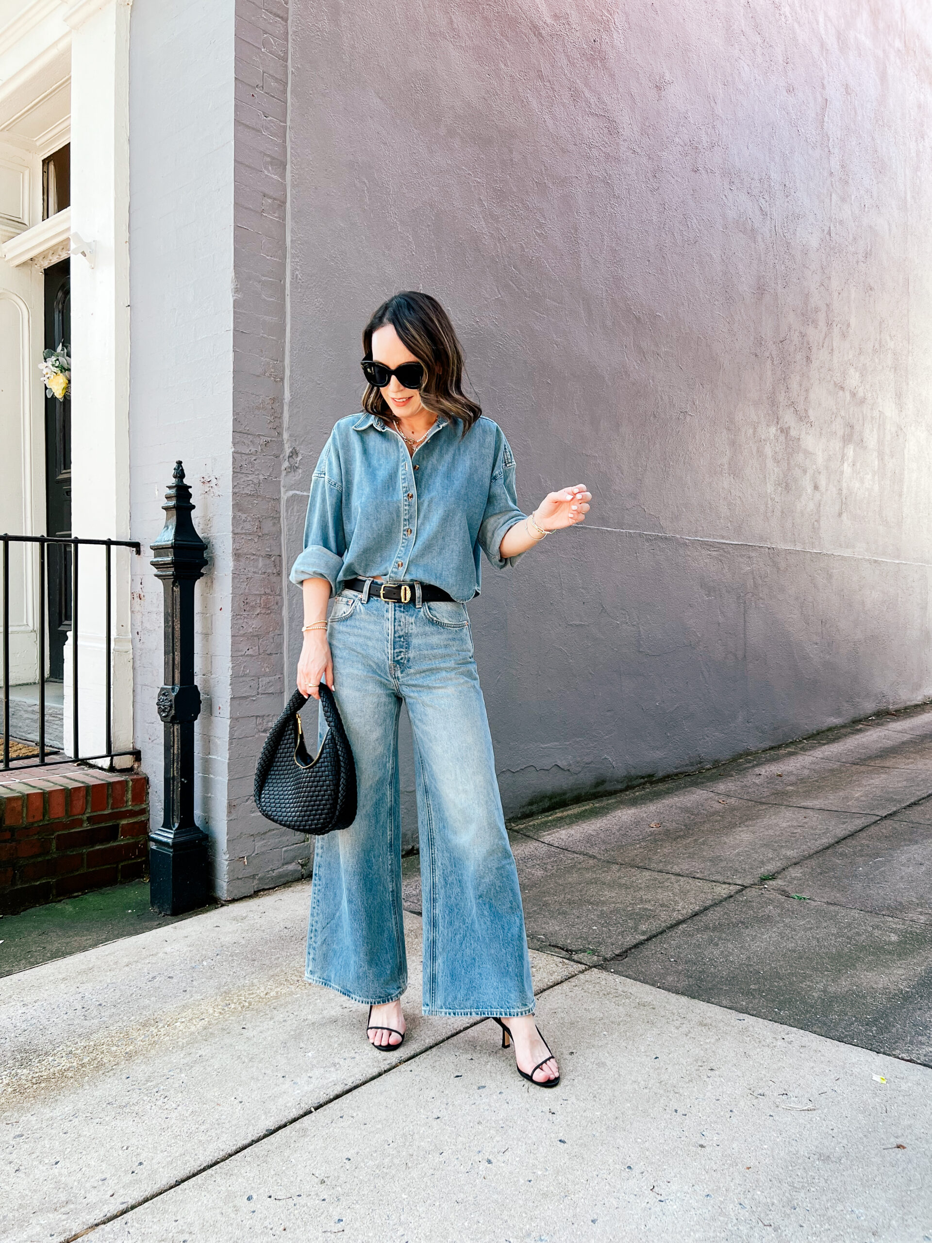 denim shirt and jeans outfit
