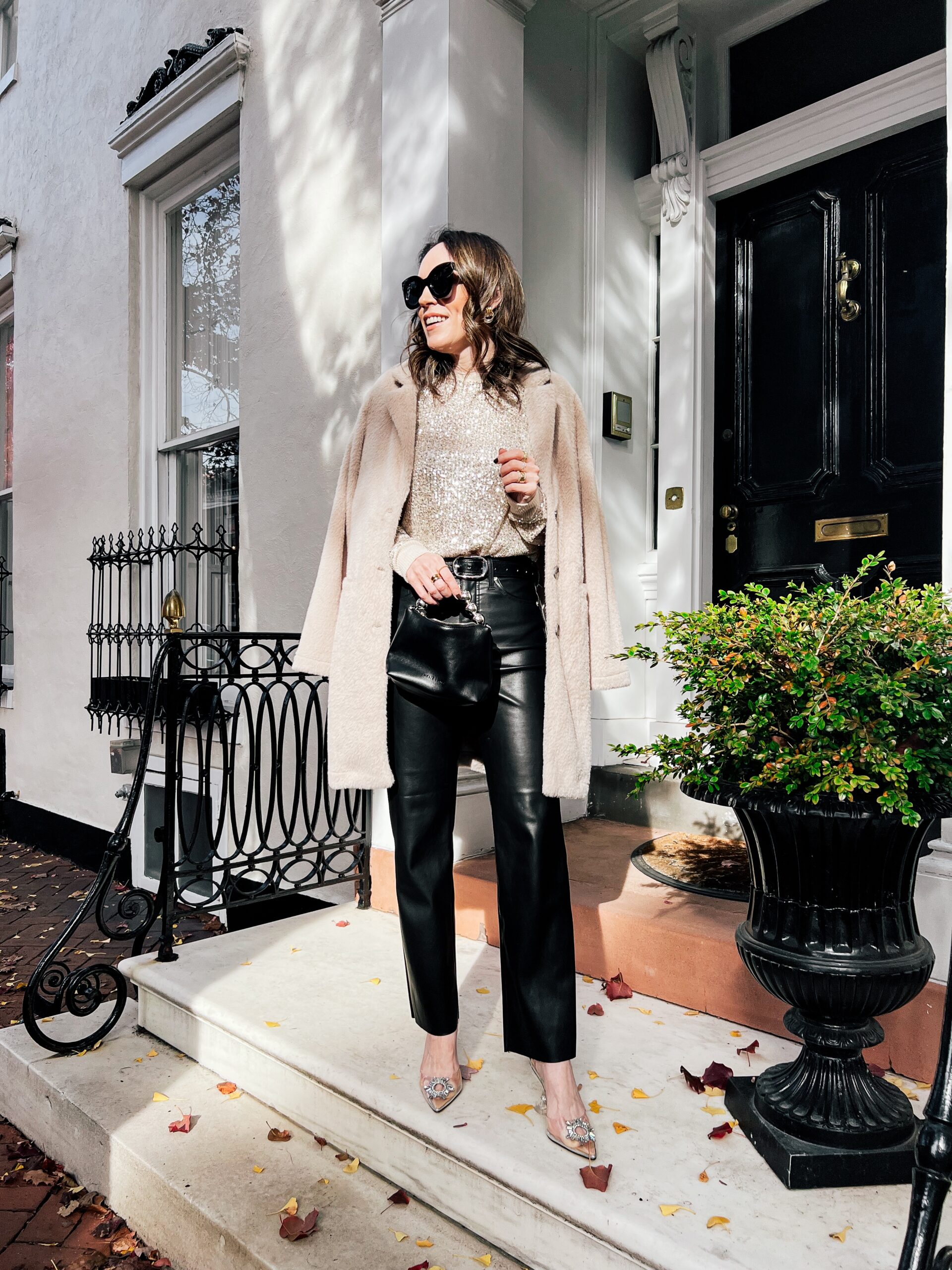 Sequin Top Faux Leather Pants outfit