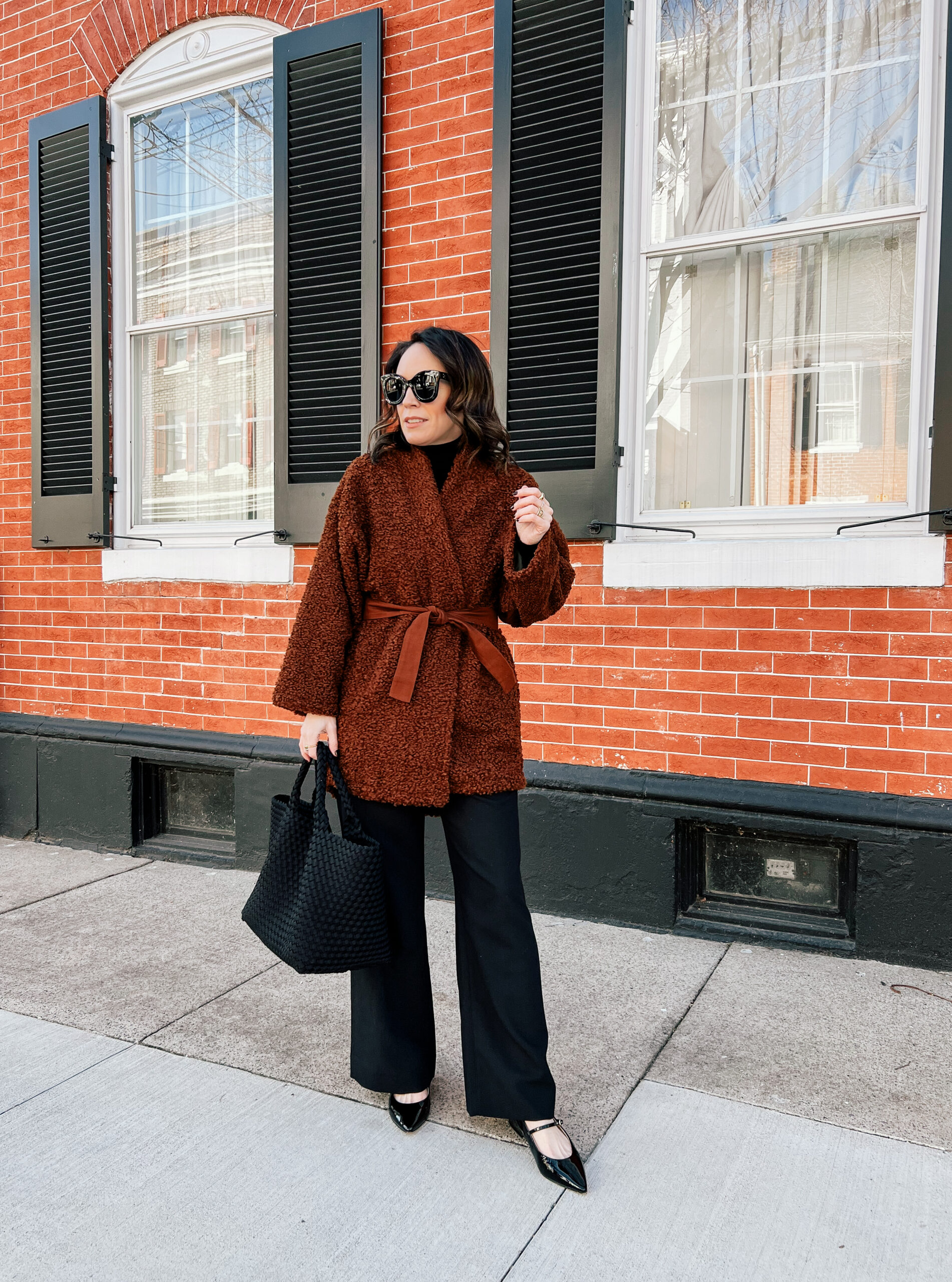 A Little Bit etc - Pullover wearing Coat - Loup | Turtleneck - Mango (similar) | Pants - Abercrombie | Shoes - Marc Fisher (similar) | Bag - Naghedi | Sunglasses - Amazon