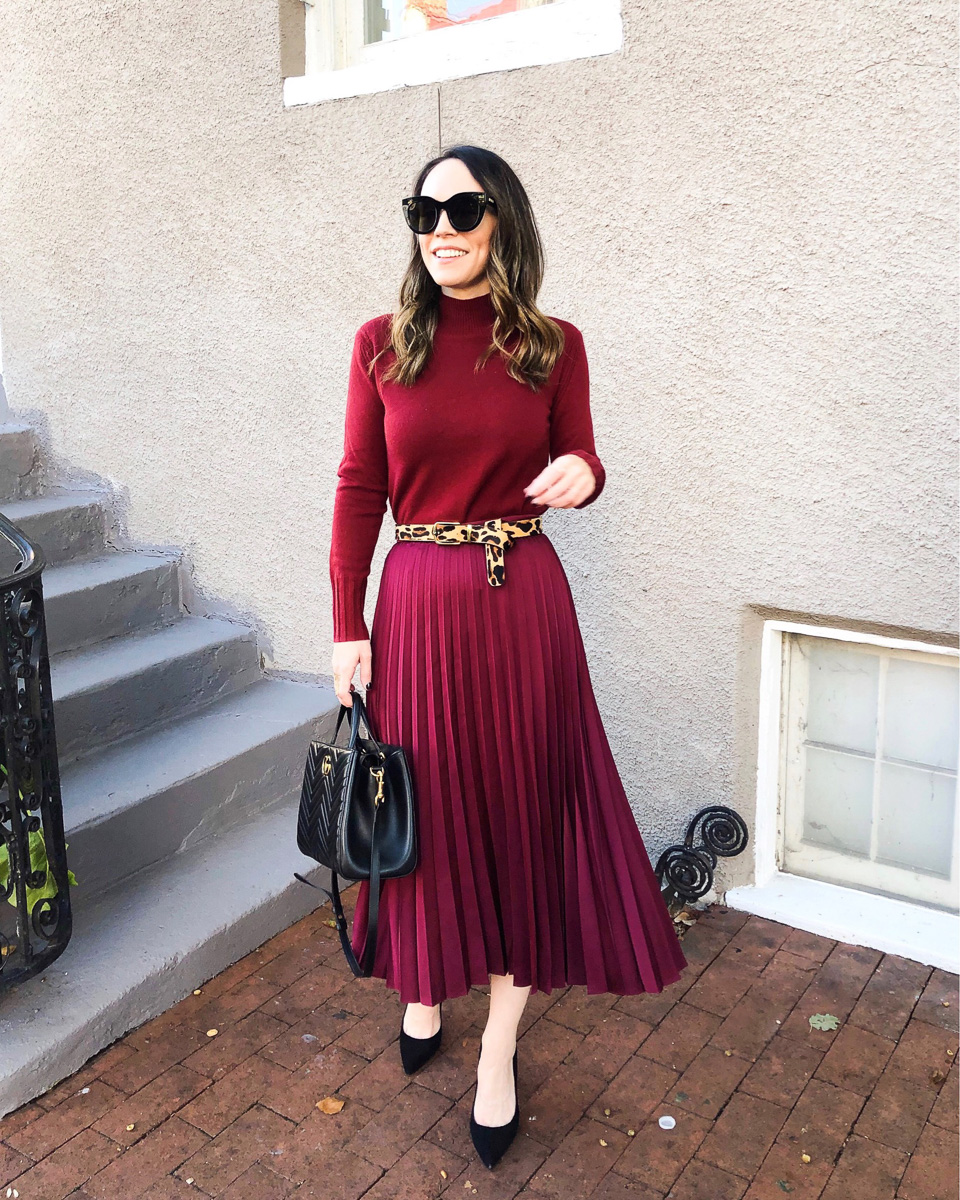 sweater and pleated skirt fall outfit