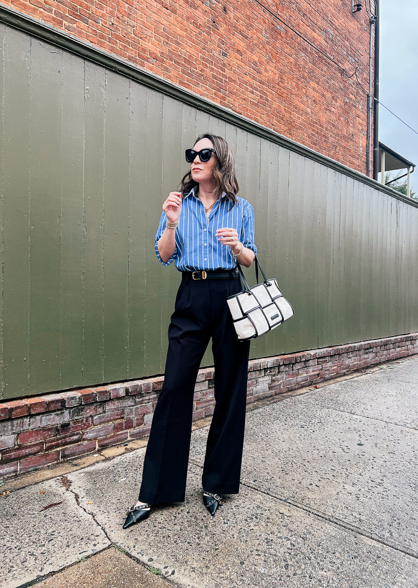 Striped Button Down Blouse with Trousers