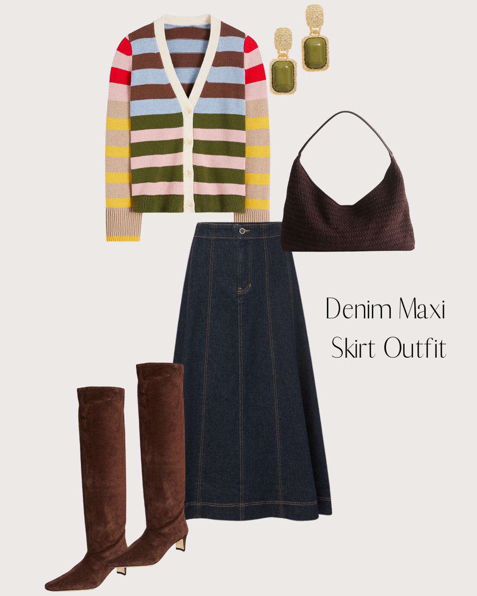 Striped Cardigan and denim skirt