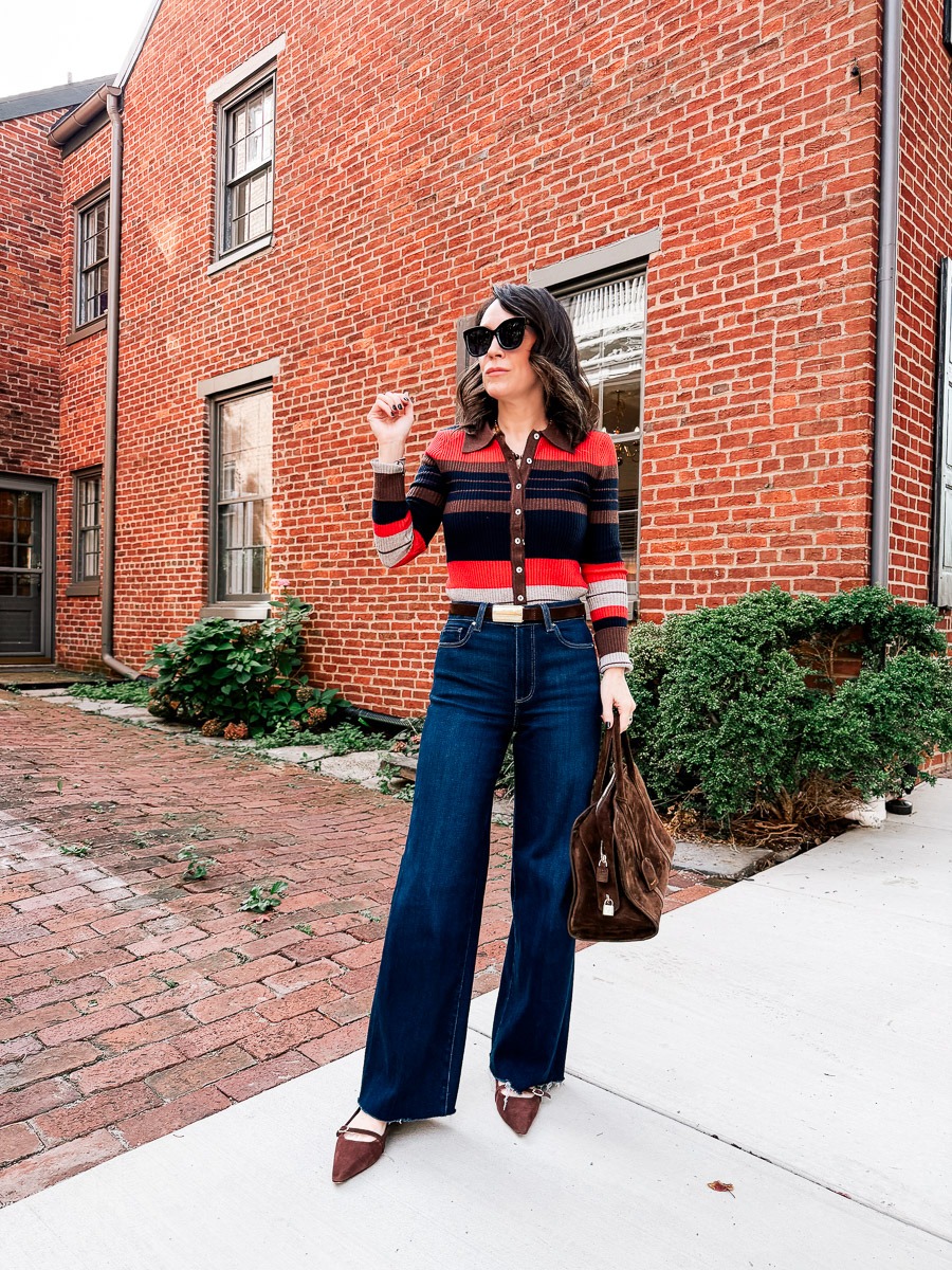 colorful striped polo cardigan paired with high-rise wide-leg dark wash jeans, brown pointed-toe kitten-heel shoes, a suede bucket bag, and classic sunglasses