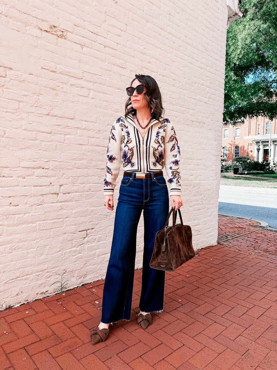 fall outfit featuring the FARM Rio Golden Nature Front Zip Cardigan